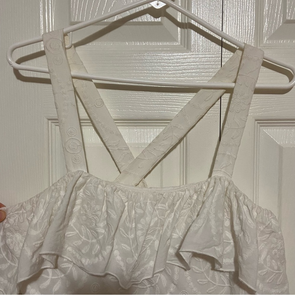 Madewell Embroidered Apron Ruffle Dress White Lace Criss Cross Back Size 10 - Picture 5 of 13